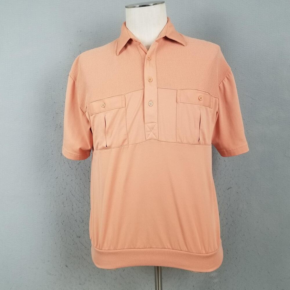 Classics‎ By Palmland Shirt Mens Medium Peach Knit Banded Bottom Polo Two Pocket